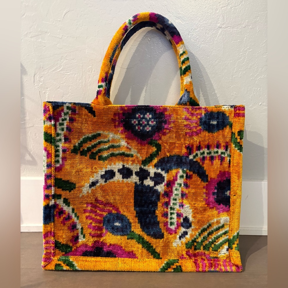 Handwoven Wolf & Willa Floral Tote Bag in Mustard Yellow